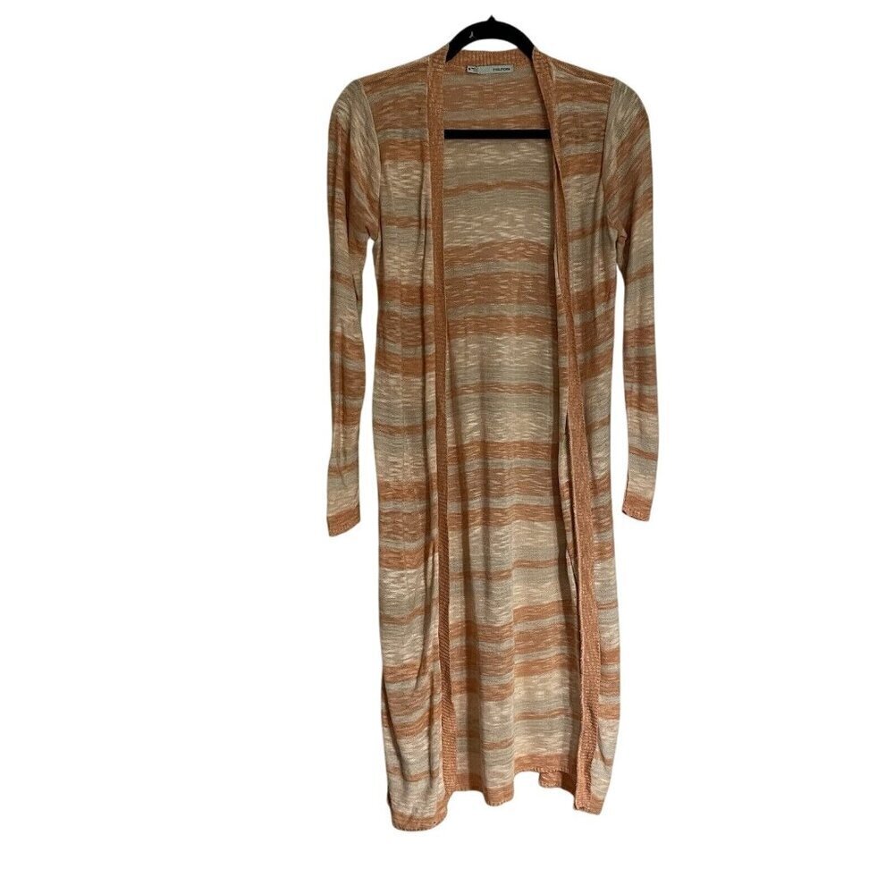 Maurices Women Sz M Peach/Cream Striped Open Front Lightweight Cardigan Sweater